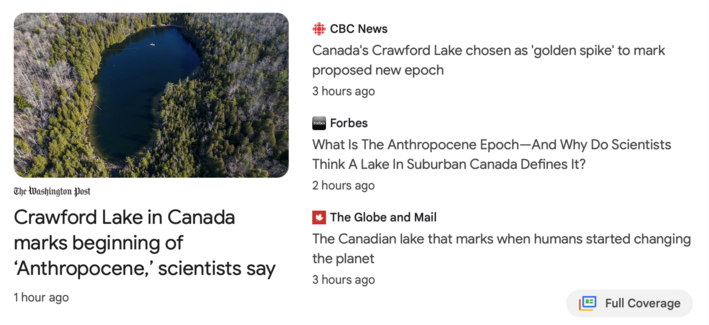 News article about Crawford Lake, Canada, markin the beginning of the "Anthropocene"
