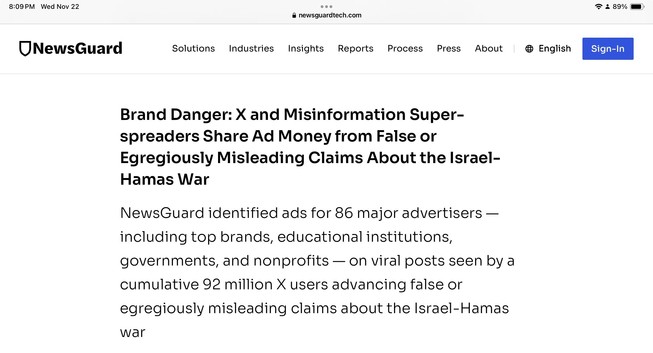 Newsguard Brand Danger: X and Misinformation Super-spreaders Share Ad Money from False or Egregiously Misleading Claims About the Israel-Hamas War