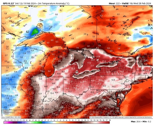 A weather temperature prediction map for the Northeast US showing temps of 20-25C for Feb. 28th.