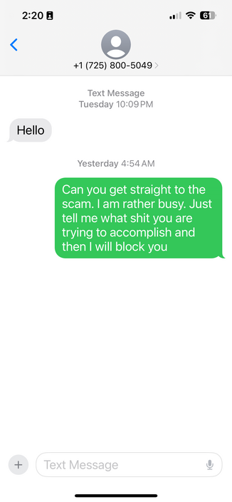 A photo of text messages on a phone.'

"Hello"

"Can you not get straight to the scam? I am rather busy. Just tell me what shit you are trying to accomplish and then I will block you."