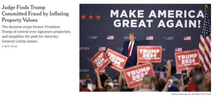 Judge Fionds Trump Committed Fraud.

NYTimes uses a photo of Trump with "Make America Great Again"