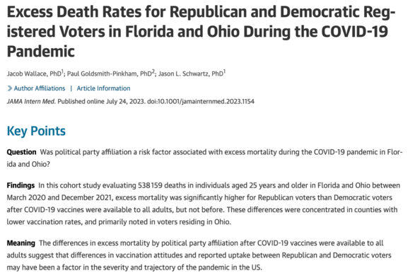 JAMA article: "Excess Death Rates for Republican and Democratic Registered Voters in Florida and Ohio During the COVID-19 Pandemic"
