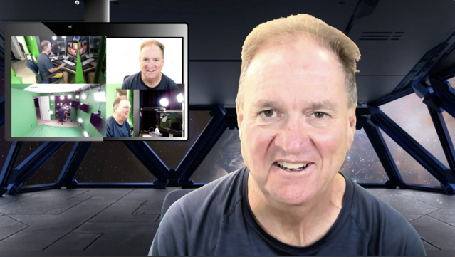 A screenshot of Futurist Jim Carroll in his green screen broadcast studio.