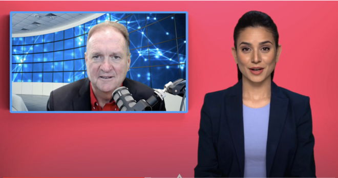 Futurist Jim Carroll in his broadcast studio being interviewed by an AI, Anna.