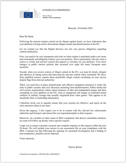 EU letter to Musk on rapid disinformation on the Hamas attacks on Israel.