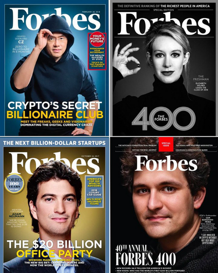 Forbes Magazine covers with Binance CEO Changpen Zhao, Elizabeth Holes of Theranios, Adam Neumann of WeWork and Sam Bankman-Fried of FTX.
