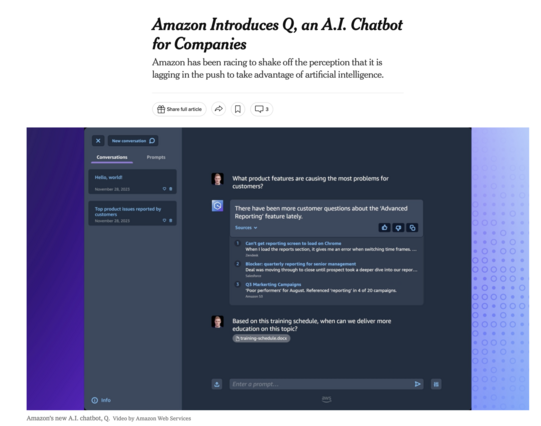 Amazon Introduces Q, an AI Chatbot for Companies