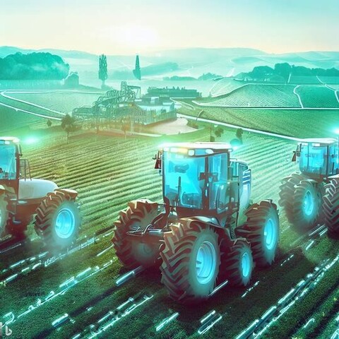 A futuristic image of a futuristic farm with driverless tractors.