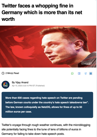 "Twitter faces a whopping fine in Germany which is more than its net worth"