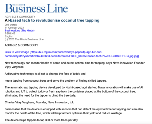 An article about how an AI technology to check sap from coconut trees will work.