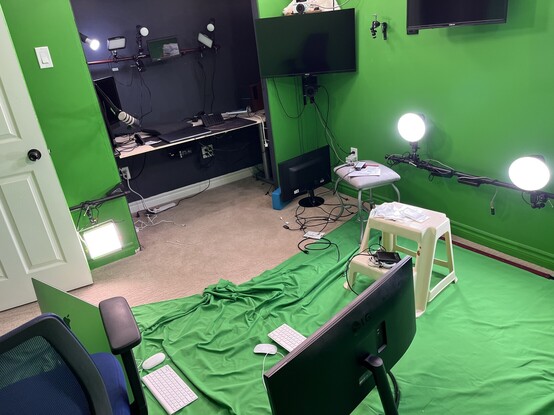 A picture of the current mess that is Futurist Jim Carrolls' home green screen broadcast studio.