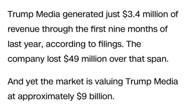 "Trump Media generated just $3.4 million of revenue, lost $49 billion and is valued at $9 billion"