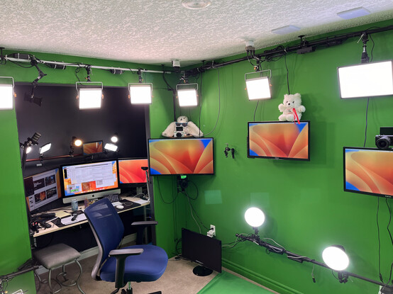 A wider view of Jim's green screen studio.