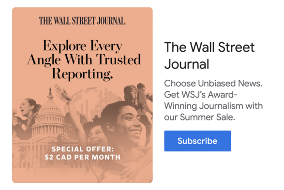 WSJ advertisement to subscribe, sent via email, emphasizing "unbiased news"