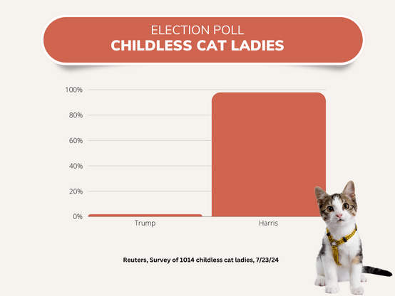 Election Poll 7/23/24
Childless cat ladies overwhelmingly support Harris
(Fictitious)