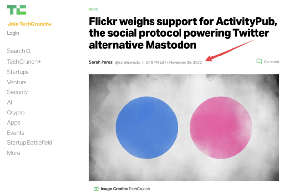 TechCrunch Story : "Flickr weighs support for ActivityPub"