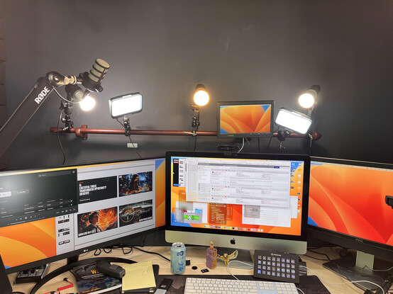 A photo of Jim's desk in his home broadcast studio.
