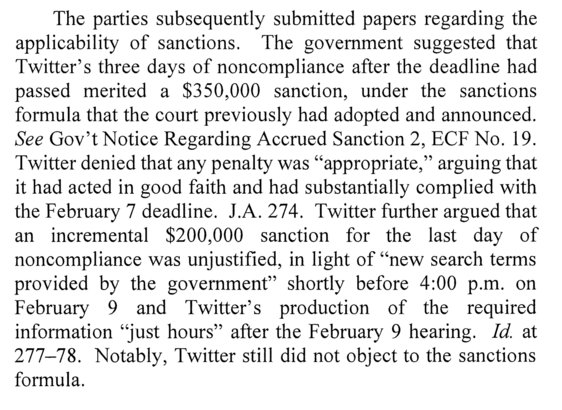 A screenshot of the court decision involving Twitter non-compliance with a DOJ order.