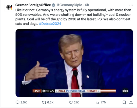 Germany's foreign office in a tweet: "Like it or not: Germany’s energy system is fully operational, with more than 50% renewables. And we are shutting down – not building – coal & nuclear plants. Coal will be off the grid by 2038 at the latest. PS: We also don’t eat cats and dogs. #Debate2024
