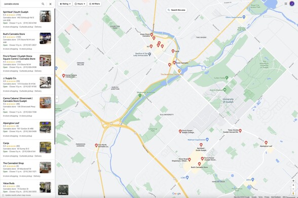 A Google map with the locations of a ridiculous number of legal cannabis stores in Jims' hometown of Guelph, Canada.