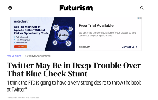 A headline from Futurist suggesting the FTC might go after Musk