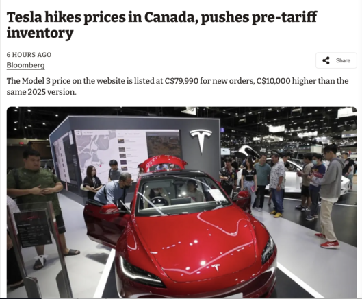 Tesla hikes prices in Canada due to tariffs