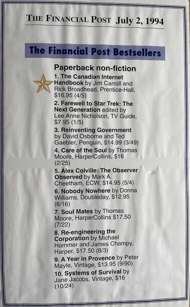 Financial Post Bestseller list of July 2, 1994 with the Canadian Internet Handbook by JIm Carroll and Rick Broadhead at #1