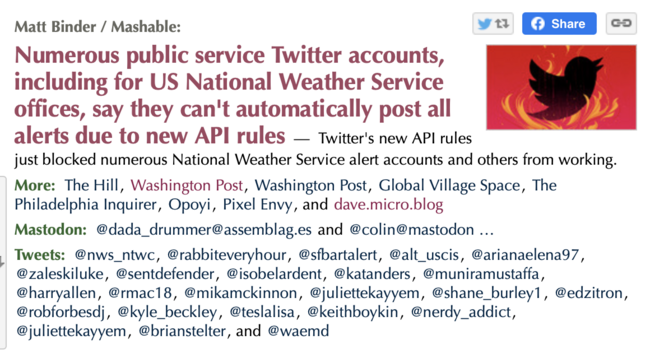 A headline from Mashable: "Numerous public service Twitter accounts, including for US National Weather Service, can't post alerts"